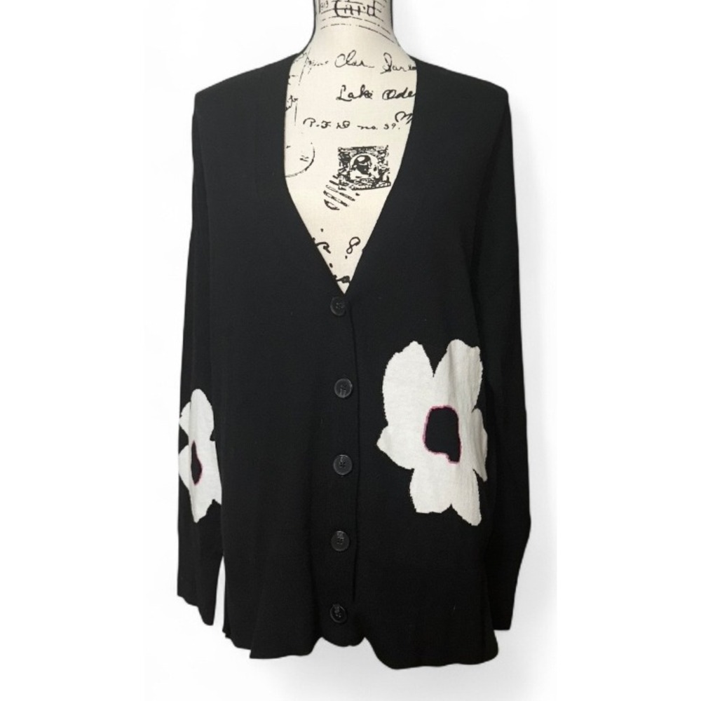 Sanctuary Black Floral Button‎ Front Cardigan Sweater Womens size M
